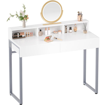GreenForest Vanity Desk with 2 Drawers, White Makeup Desk with 3 Storage Spaces, 40 inch Small Desk with Silver Metal Legs, Modern Home Office Desk for Kids, Bedroom (No Mirror)