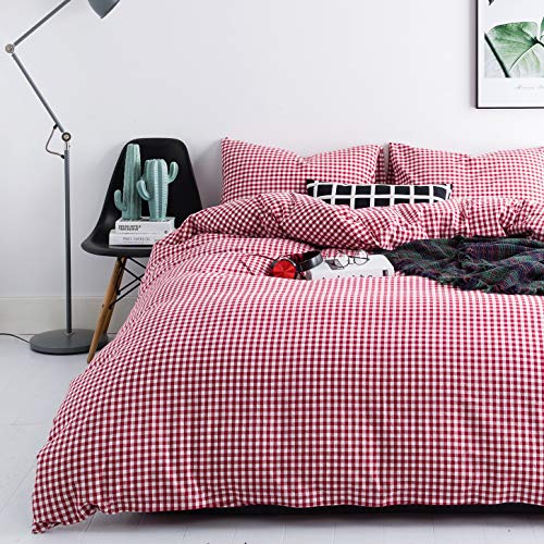 SUSYBAO Red Gingham Duvet Cover King 100% Washed Cotton 3 Pcs Set 1 Farmhouse Plaid Duvet Cover with Zipper Ties 2 Pillowcases Vintage Grid Bedding Set Soft Breathable SUSYBAO