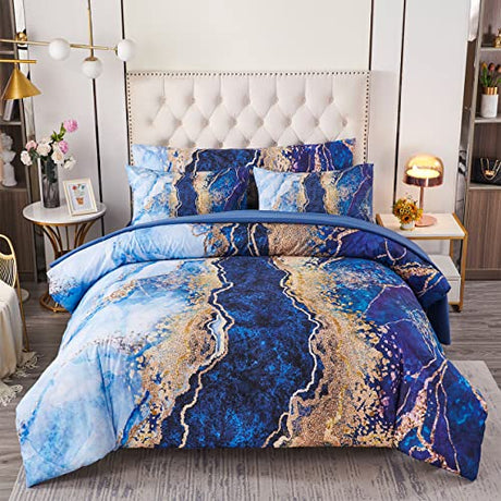 PERFEMET Watercolor Marble Pattern Comforter Sets Blue Tie Dye Bedding Set King Size 3D Printing Bed-in-A-Bag, Stylish Retro Artwork Quilt Set Durable Soft Bed Collections 6 Pieces(Blue,King Size) PERFEMET