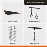 Vuly Ninja Quest Monkey Bars Extra Large Playset & Jungle Gym with Shade Cover, Cargo Net, Ninja Grips, Gym Rope, Jungle Rope, Flying Fox, Roman Rings, Boxing Bag & Punching Ball Vuly