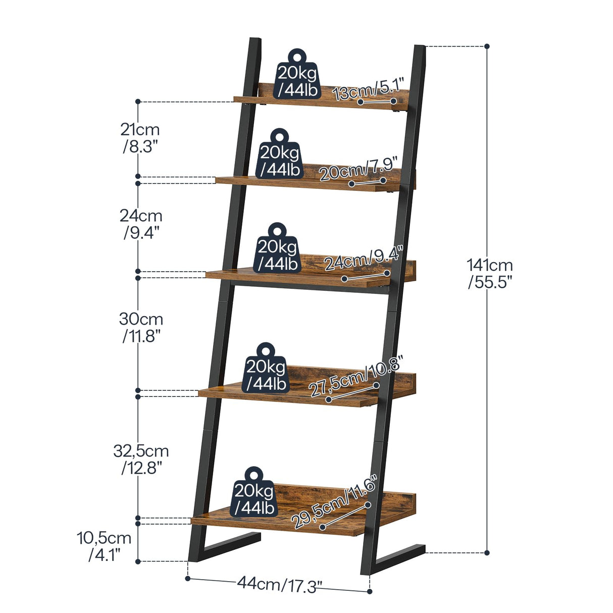 HOOBRO 5-Tier Bookcase, Narrow Ladder Shelf, Small Bookshelf, Corner Storage Shelf, Small Display Organizer for Living Room, Study, Balcony, Bedroom, Rustic Brown and Black BF150CJ01 HOOBRO
