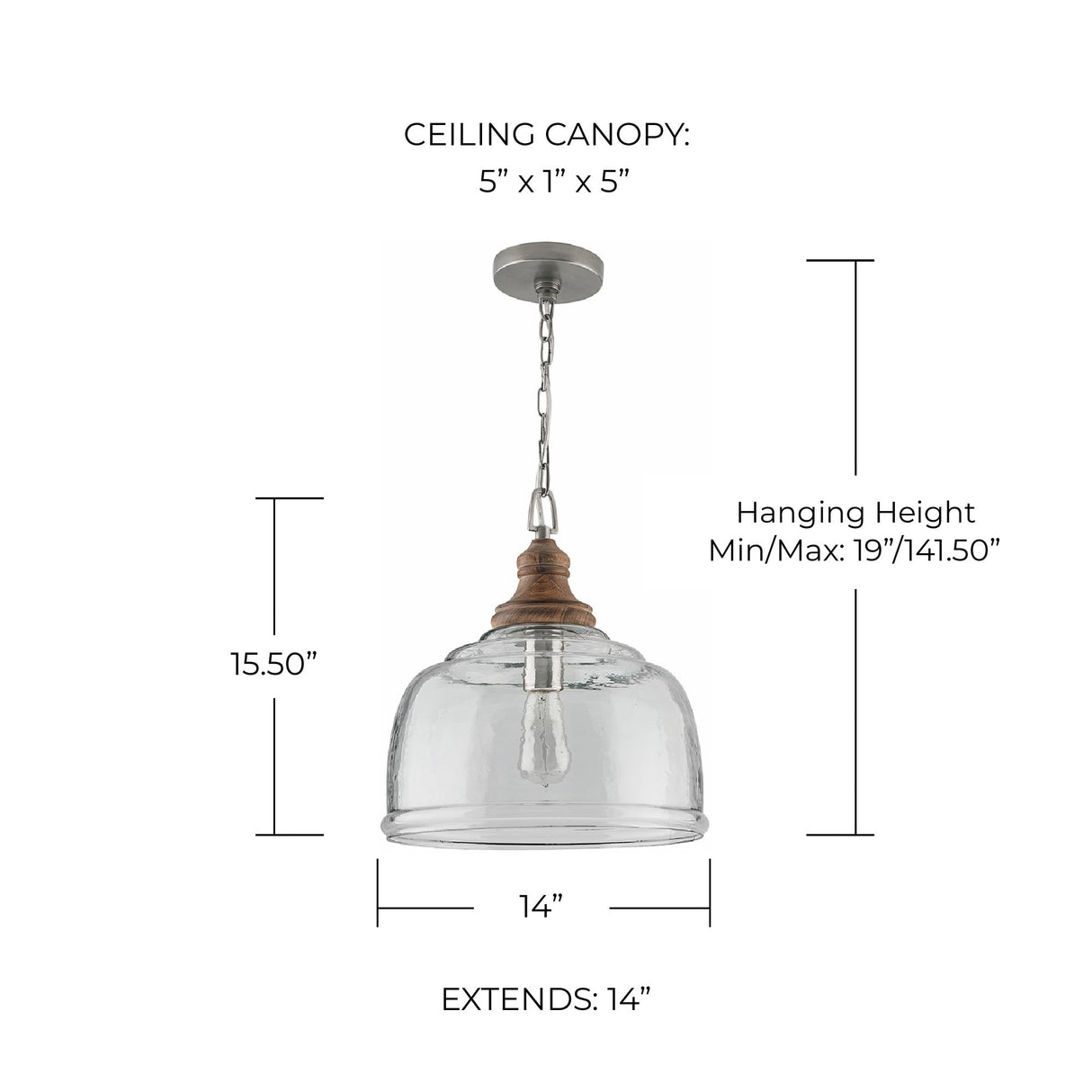 Capital Lighting 330318GY Julian Coastal Style Clear Organic Rippled Glass Pendant with Handcrafted Mango Wood Finial, 1-Light 60 Watt, 16" H x 14" W, Grey Wash Capital Lighting Fixture Company