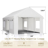 AirWire Carport 12' x 20' Heavy Duty Portable Garage, Carport Canopy with Side-Opening Door & Roll-Up Windows, Car Canopy Reinforced Four-Hole Base for Car, Truck, Boat, Party, White AirWire