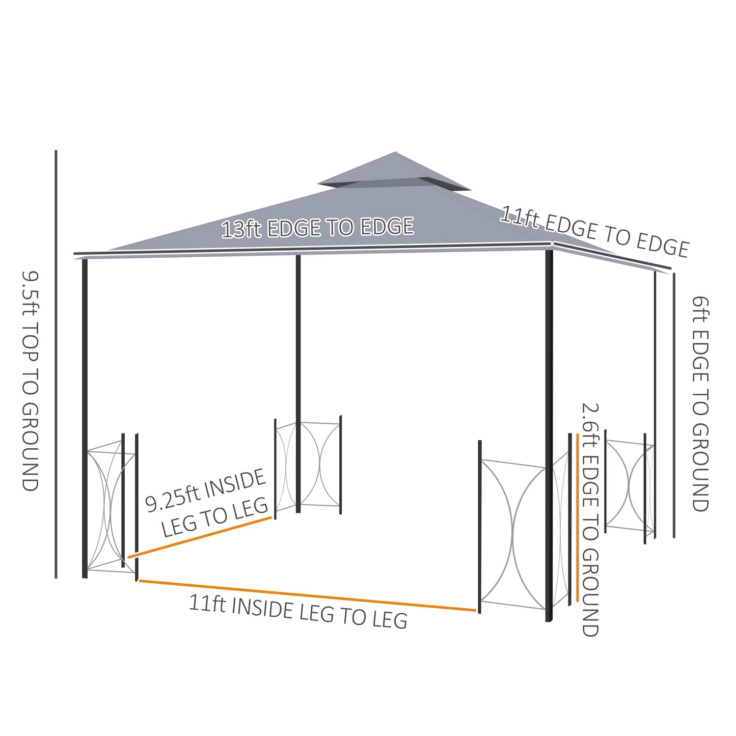 Outsunny 11' x 13' Patio Gazebo, Double Roof Outdoor Gazebo Canopy Shelter with Netting & Curtains, Steel Corner Columns for Garden, Lawn, Backyard and Deck, Gray - WoodArtSupply