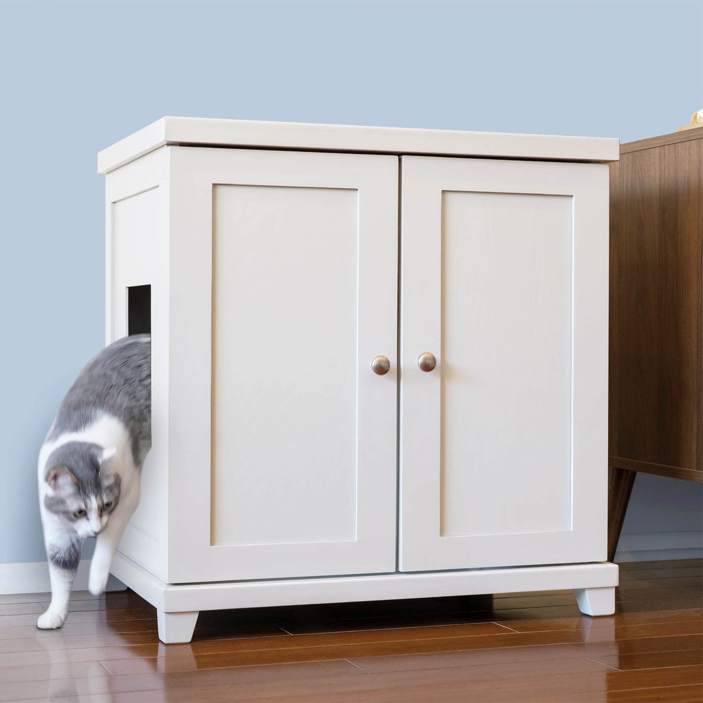 The Refined Feline Cat Litter Box Enclosure Cabinet, Modern, White, Tapered Feet, XLarge, Hidden Litter Cat Furniture with Drawer - WoodArtSupply