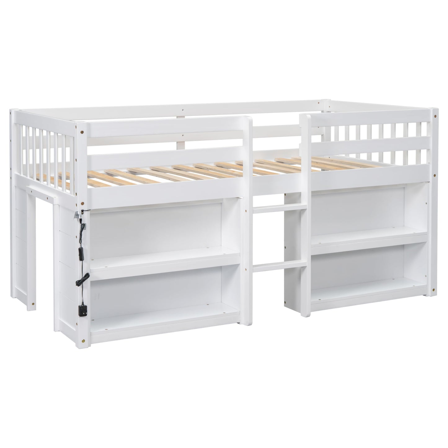 HZANHY Modern Farmhouse Twin Low Loft Bed with Storage, Stairs, Two-Tier Shelves, and LED Light for Kids - WoodArtSupply