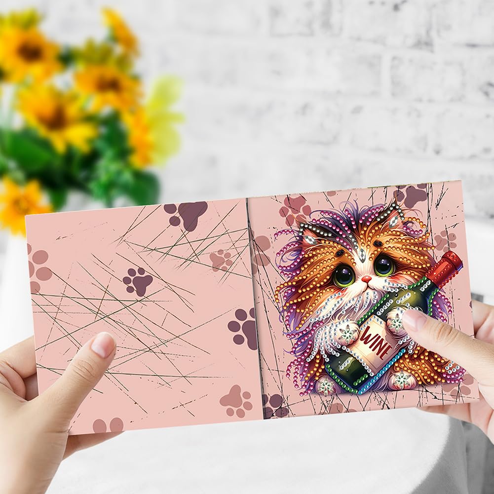 Ceitura 6Pcs Catoon Cat with Wine DIY Diamond Art Painting Crafts Rhinestone Painting Making Greeting Card Making Kit Postcard for Holiday Christmas New Year Party Favors 11.81 * 5.91 inch C'eitura