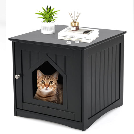 Tangkula Litter Box Enclosure, Cat Litter Box Furniture Hidden, Nightstand Pet House with Magnetic Door, Indoor Cat Washroom for Kitty (Black) Tangkula