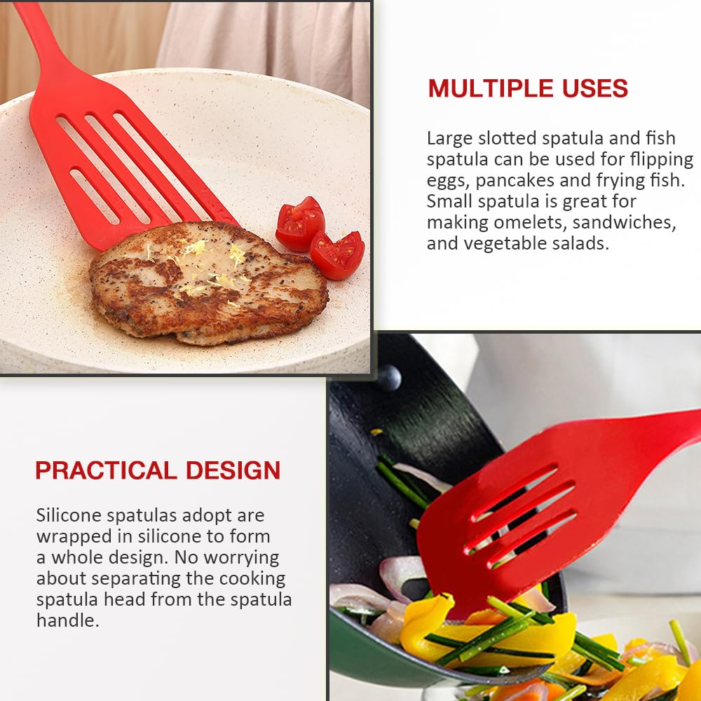 Pharamat Silicone Spatula Set of 4, Silicone Spatula Turner for Kitchen Use, Silicone Slotted Fish Turner Easy to Clean, Slotted Spatula for Eggs, Pancakes(Red) Pharamat