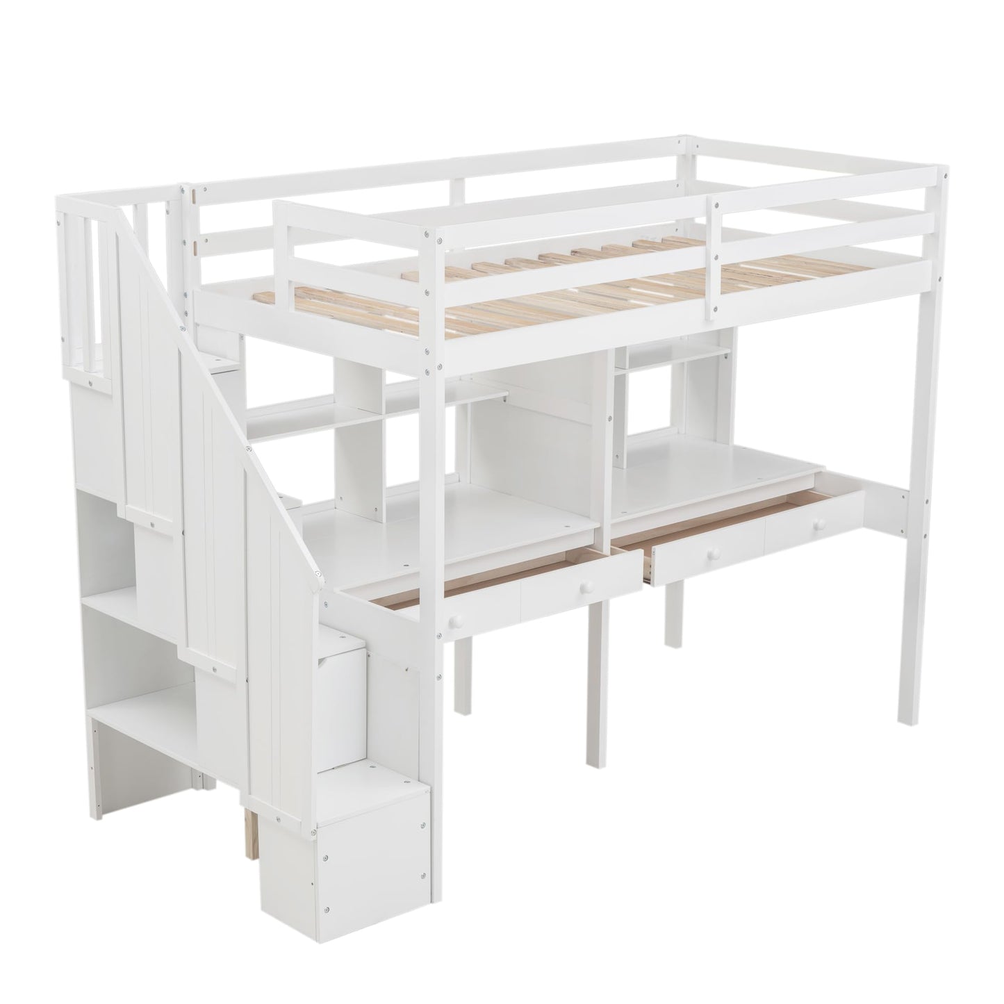 Harper & Bright Designs Twin Loft Bed with Stairs and Double Desks in White - Versatile Storage Solution for Kids - WoodArtSupply