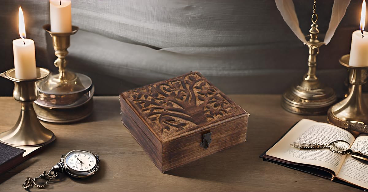 Great Birthday Gifts Handmade Decorative Wooden Jewelry Box With Tree Of Life Carving & Lock & Key Jewelry Organizer Keepsake Box Treasure Chest Trinket Holder Watch Box Storage Lock Box 6 x 6 Inches The Great Indian Bazaar