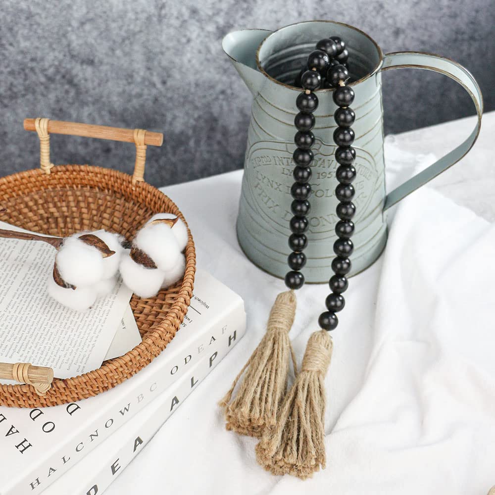 Sivya 58in Farmhouse Beads Wood Bead Garland with Tassels, Rustic Farmhouse Decor for Farmhouse Tiered Tray Farmhouse Wall Decor (Black, 58in/1Pcs) Sivya