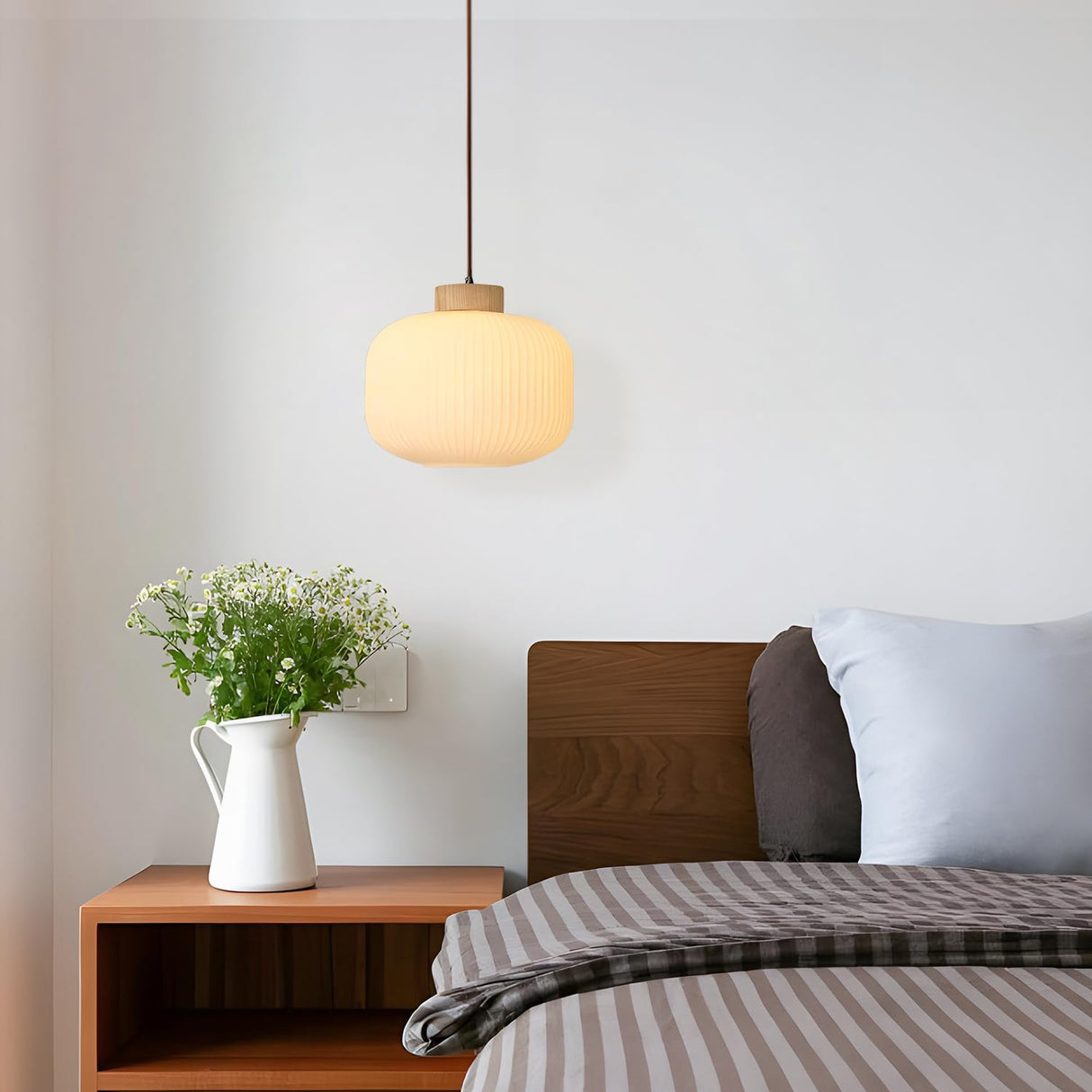 Flyrose Mid Century Modern Large Globe Pendant Light Milk Glass Single Pendant Light White Farmhouse Wood Pendant Lights Kitchen Island Dining Room Light Fixtures Over Table Flyrose