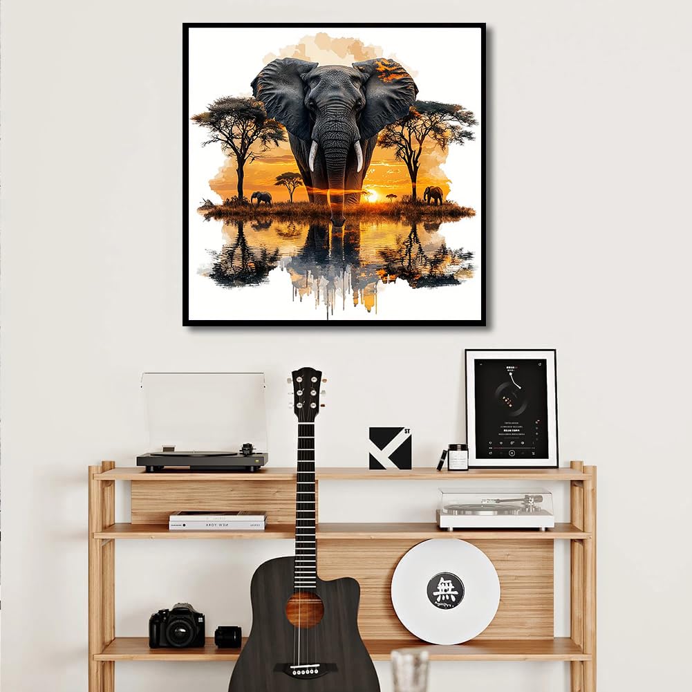 igoodom Diamond Art Kits for Adults, Elephant Diamond Painting Kit, Full Drill Round Elephant Diamond Art Kits, DIY Gem Art and Crafts for Home Wall Decor Gift 14x14inch igoodom