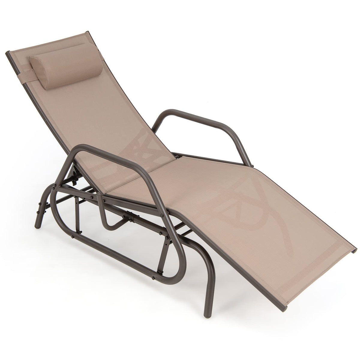 Tangkula Outdoor Glider Recliner Chair, Adjustable Backrest Patio Gliding Lounger with Armrests and Pillow, Outdoor Swinging Rocking Chair w/Breathable Fabric for Poolside, Backyard (1, Brown) Tangkula