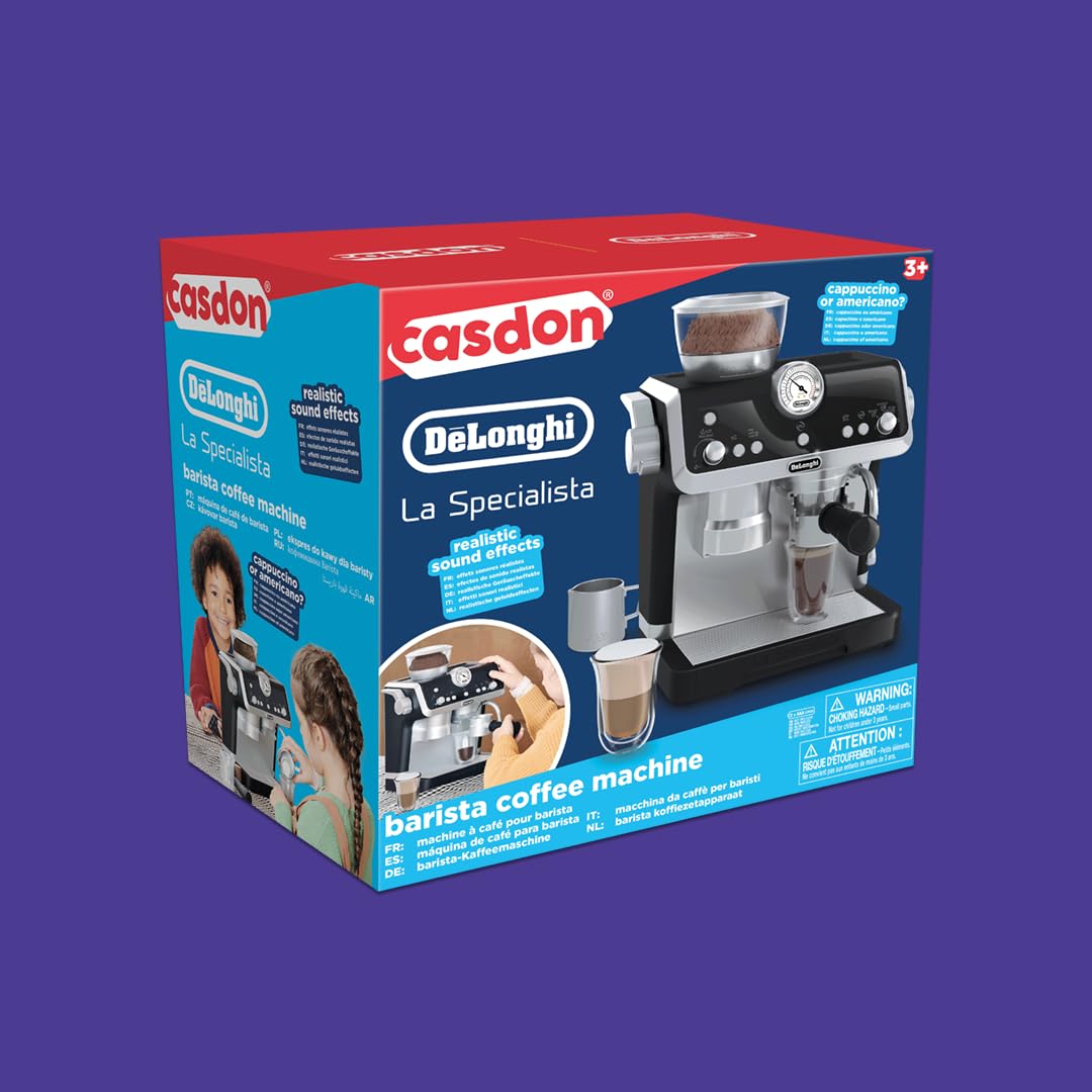 Casdon De'Longhi Toys Barista Coffee Machine. Toy Kitchen Playset for Kids with Moving Parts, Realistic Sounds and Magic Coffee Reveal. For Children Aged 3+, Silver, Black