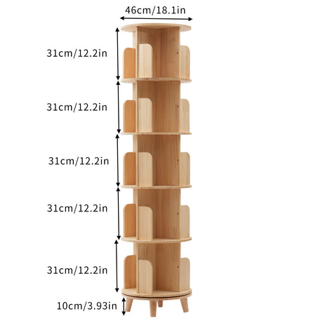 5-Tier Rotating Pine Wood Bookshelf with Legs for Space-Saving Storage Gdrasuya10