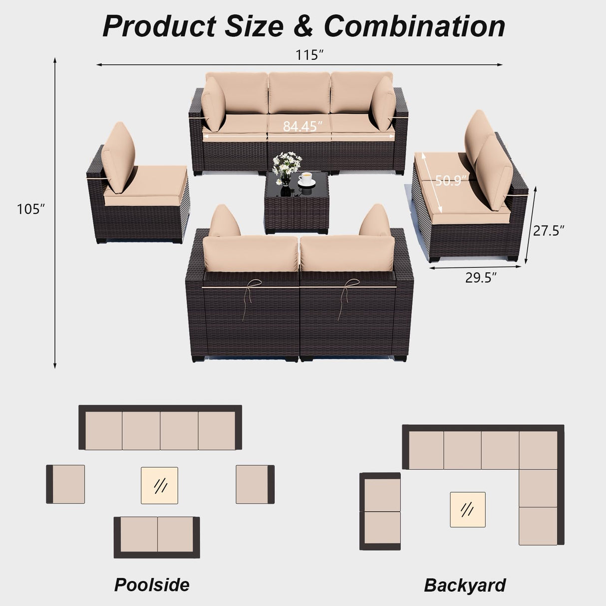 ALAULM 9 Pieces Patio Furniture Set Outdoor Sectional Sofa Sets Brown PE Rattan Patio Conversation Sets w/8 Sand Seat Cushions and 1 Coffee Table ALAULM