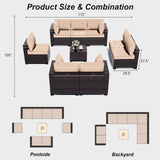 ALAULM 9 Pieces Patio Furniture Set Outdoor Sectional Sofa Sets Brown PE Rattan Patio Conversation Sets w/8 Sand Seat Cushions and 1 Coffee Table ALAULM