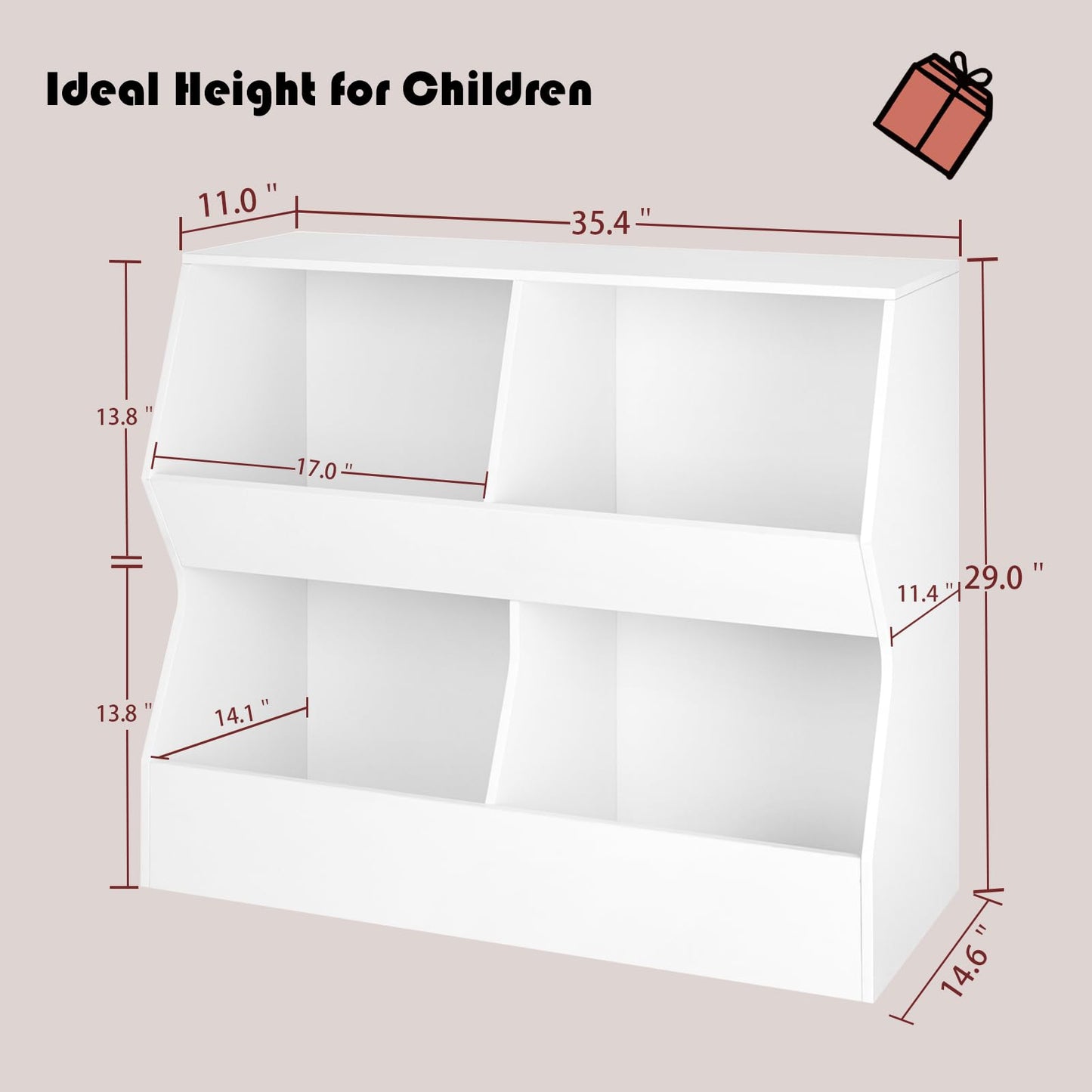 DINZI LVJ Kids Bookshelf, Toy Storage Organizer, Wooden Toy Storage Cabinet, 4 Cubby Children Bookcase, Toddler Book Toy Shelf for Bedroom, Nursery, Hallway, School, 35.4" Long, White