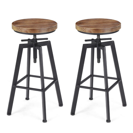 VILAVITA Vintage Adjustable Bar Stools Set of 2, Height Ranges from 24.8 to 30.8 inch, Natural Wood Seat and Heavy Metal Frame Rustic Industrial Swivel Bar Stools VILAVITA