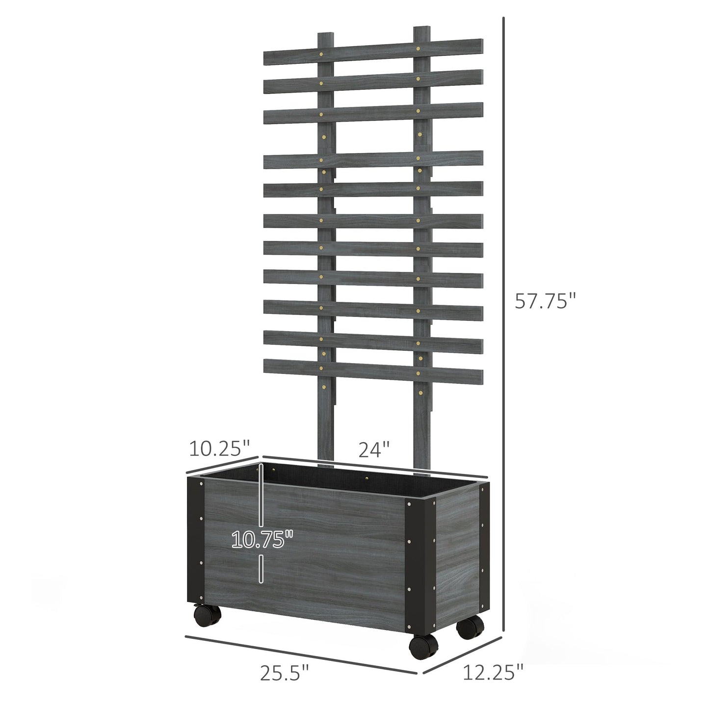 Outsunny Raised Garden Bed with Trellis, 58" Outdoor Wooden Planter Box with Wheels, for Vine Plants Flowers Climbing and Planting, Gray - WoodArtSupply