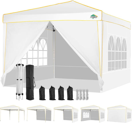 COBIZI 10x10 Pop up Canopy, Canopy Tent 10x10 Gazebos, Ez up Canopy 10x10 for Parties Outdoor Camping Party Event Shelter Sun Shade with 4 Sidewalls & Carry Bag 4 Stakes & Ropes & Sandbags, White COBIZI