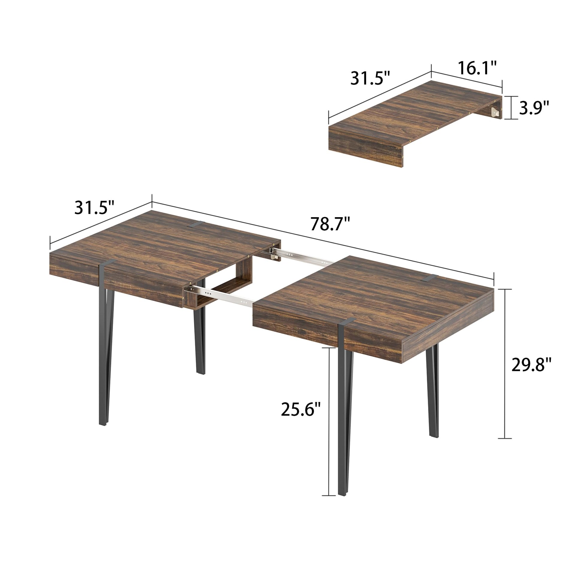 ECACAD Extendable Dining Table for 4-6 People, Wood Grain Table with Black Metal Legs, Rectangular Dining Table for Dining Room, Office & Conference Room, Dark Brown 63"-78.7" W x 31.5" D x 2 - WoodArtSupply