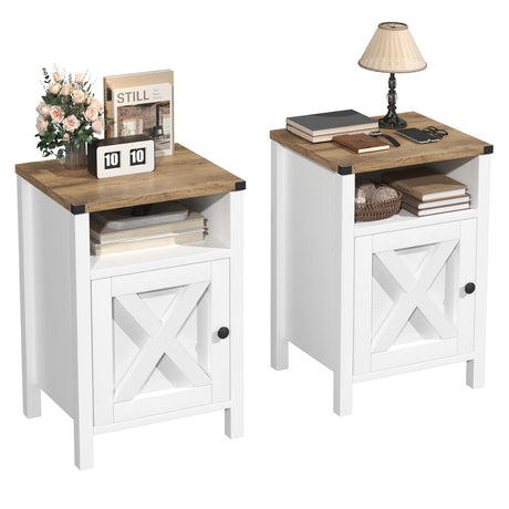 HXBOAUVS Farmhouse Nightstands Set of 2, Rustic Vintage Side End Table with Storage, Wood Side Table with Barn Door for Bedroom Living Room,White HXBOAUVS