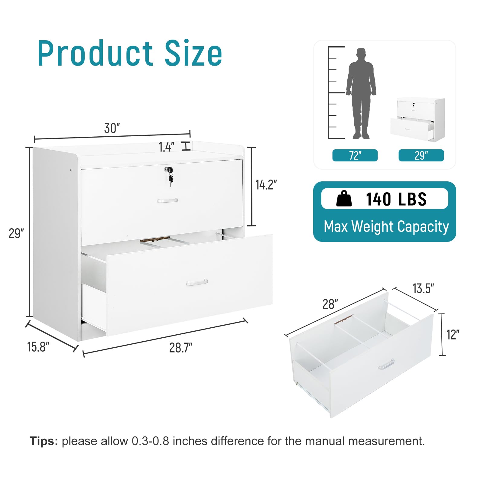 YORKING Wood Lateral File Cabinet with Lock, Storage Filing Cabinet with Full Extension Lockable Drawer Fits A4/Letter/Legal Size File Cabinets for Home Office Organizer, White, 2 Drawers - WoodArtSupply