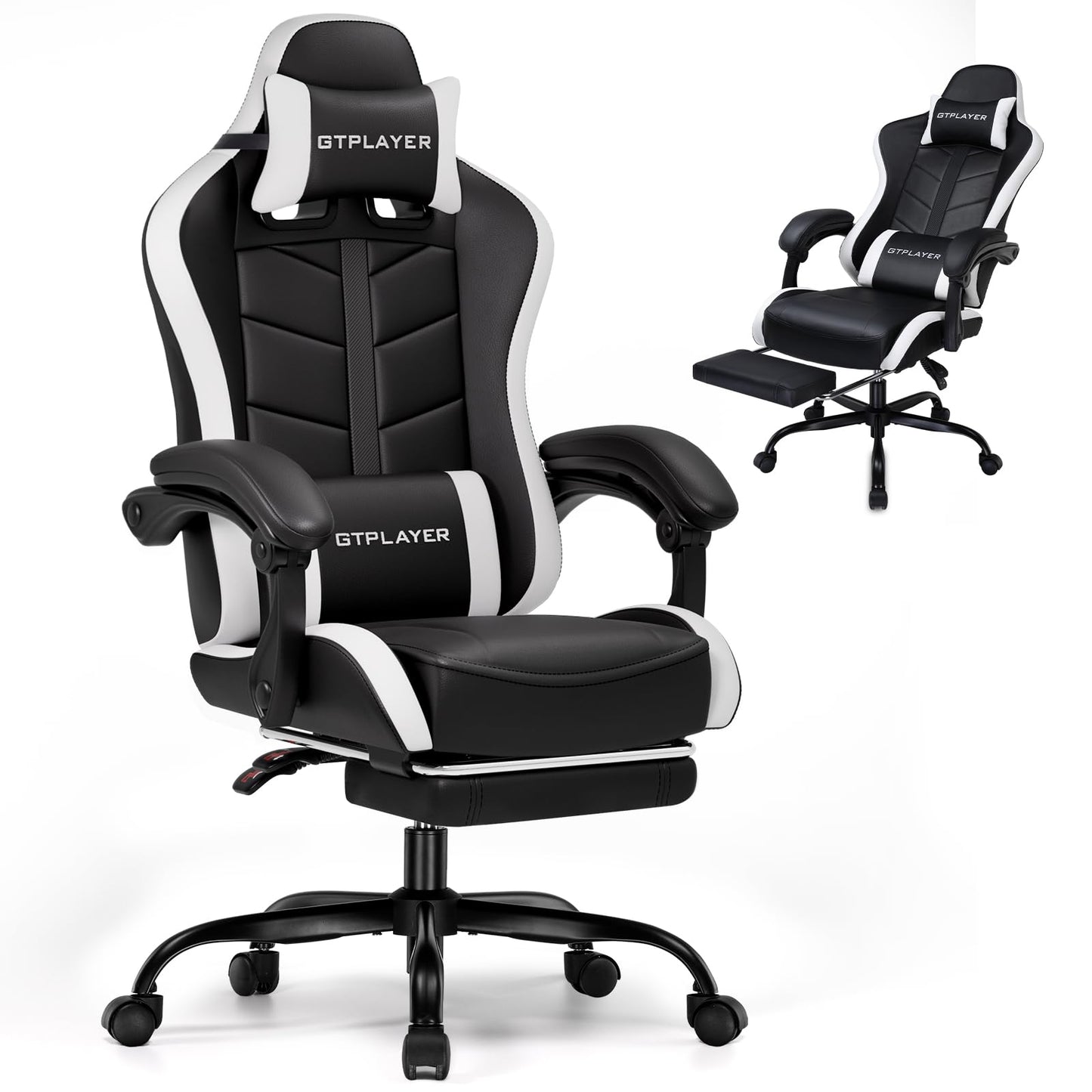 GTPLAYER Gaming Chair with Footrest, Computer Gaming Chair for Adults and Kids, Height Adjustable Gamer Chair with 90-155° Recline & Removable Headrest Lumbar Support (Carbon Black-White)