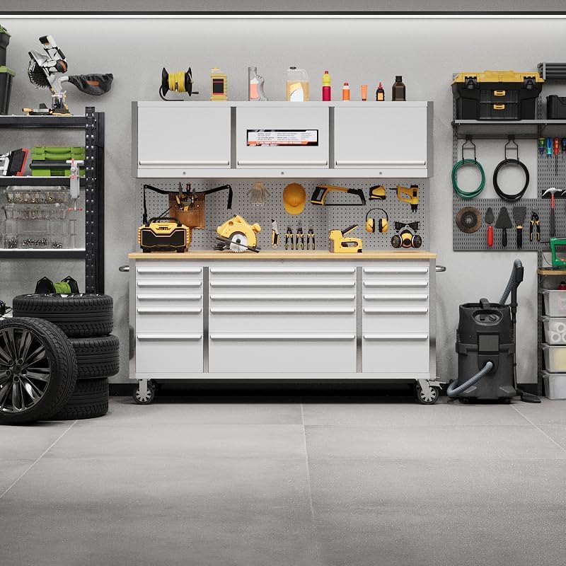 72 Inch Garage Tool Cabinet with 15 Drawers, Garage Workbench/Storage Cabinet, Rolling Toolbox Stainless Steel Tool Bench with Locking System, Metal Construction, Workshop/Garage/Home GAOMON