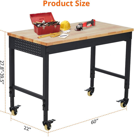 Adjustable Height Workbench 60" x 22" Worktable - Heavy Duty Rubber Wood Top, Mobile Workstation with Power Outlets & Wheels, 2000 Lbs Load Capacity - Ideal for Garage & Workshop, Hardwood Workbench Acekool