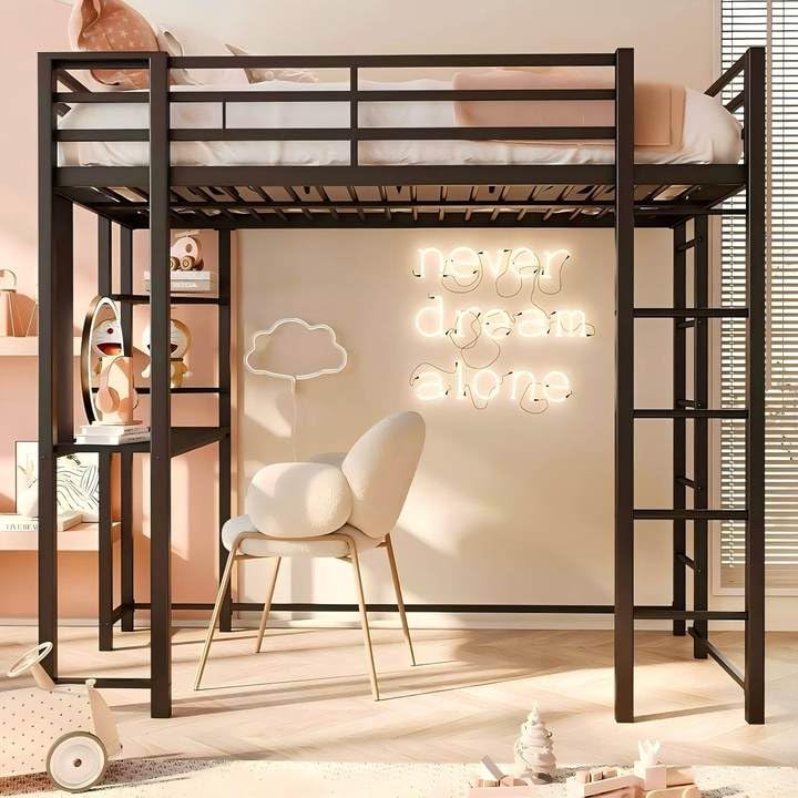 SUNLEI Loft Bed Twin Size with Desk and Safety Guard Rail, Twin Size Metal Bed Frame with Double Layer Shelves for Storage, No Box Spring 2 Security Ladders, Midnight Black SUNLEI