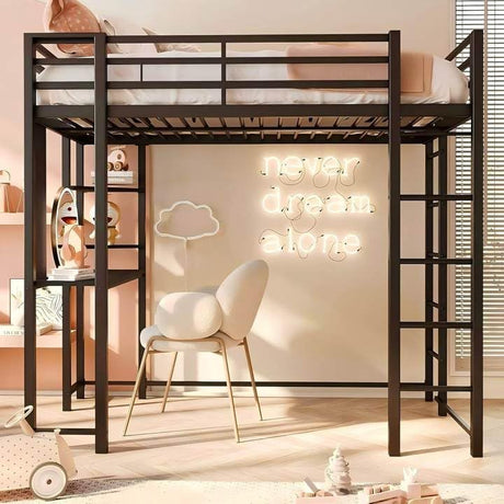 SUNLEI Loft Bed Twin Size with Desk and Safety Guard Rail, Twin Size Metal Bed Frame with Double Layer Shelves for Storage, No Box Spring 2 Security Ladders, Midnight Black SUNLEI