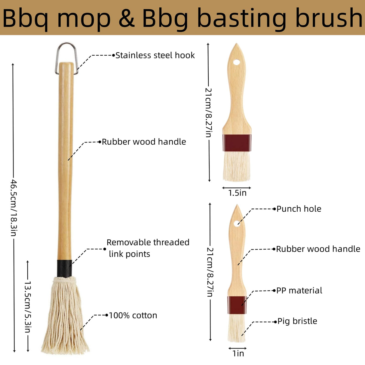 SWJLR 18.3" Removable Rubberwood Long Handle BBQ Mop 4 Pcs Pure Cotton Replacement Brush Heads 2 Pcs Food Grade Bristle BBQ Brush for Sauce Suitable for Grilling and Smoking Steaks SWJLR