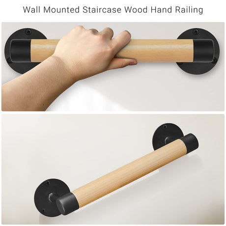 Purife 1ft Wood Handrail for Indoor Stairs, Wood Staircase Handrail W/s Black Sturdy Metal Brackets, Stair Banister Rrailing Wood Safety Grab Bar for Elderly & Kids Purife