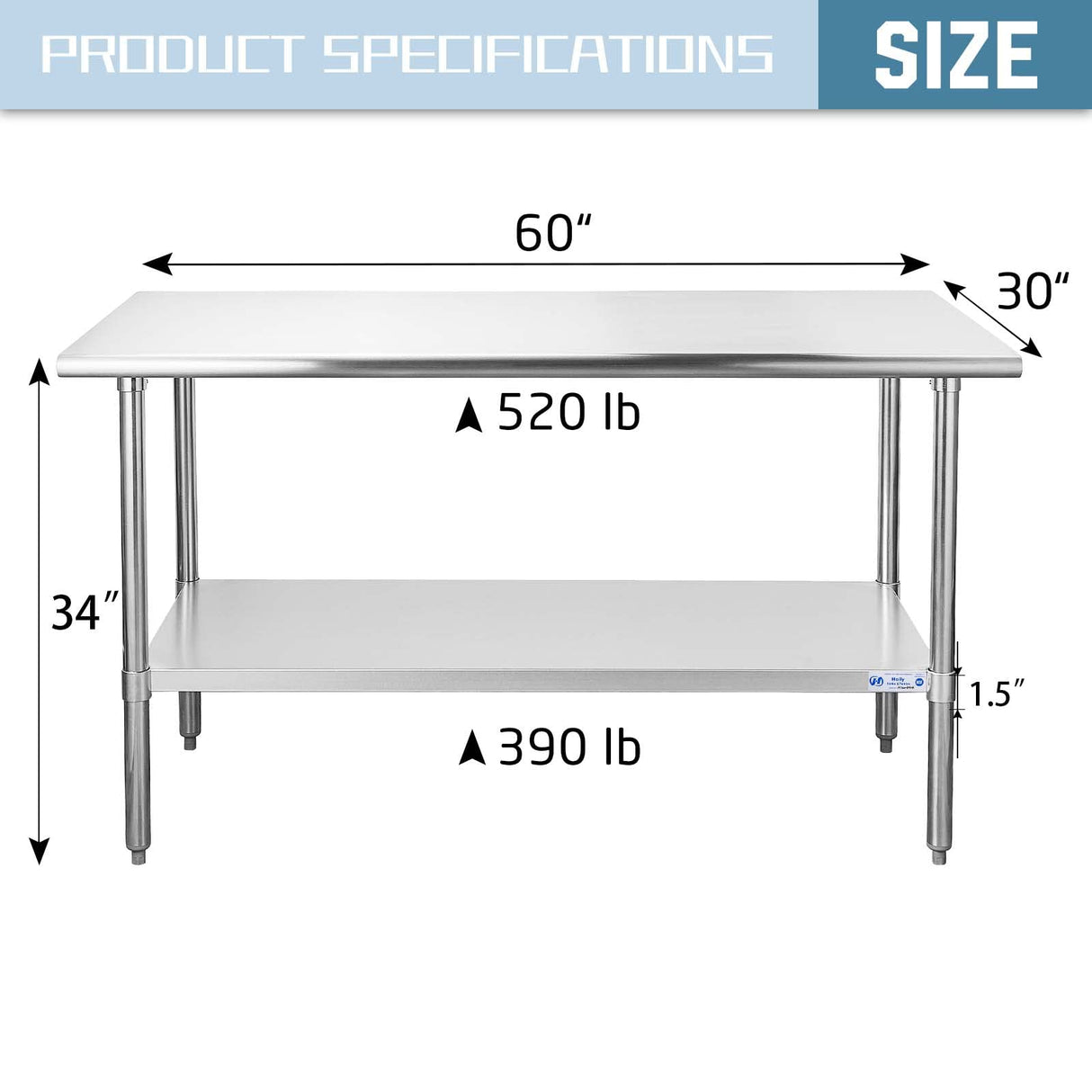 HALLY Stainless Steel Table for Prep & Work 30 x 60 Inches, NSF Commercial Heavy Duty Table with Undershelf and Galvanized Legs for Restaurant, Home and Hotel HALLY SINKS & TABLES H