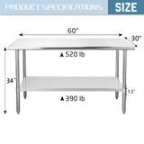 HALLY Stainless Steel Table for Prep & Work 30 x 60 Inches, NSF Commercial Heavy Duty Table with Undershelf and Galvanized Legs for Restaurant, Home and Hotel HALLY SINKS & TABLES H