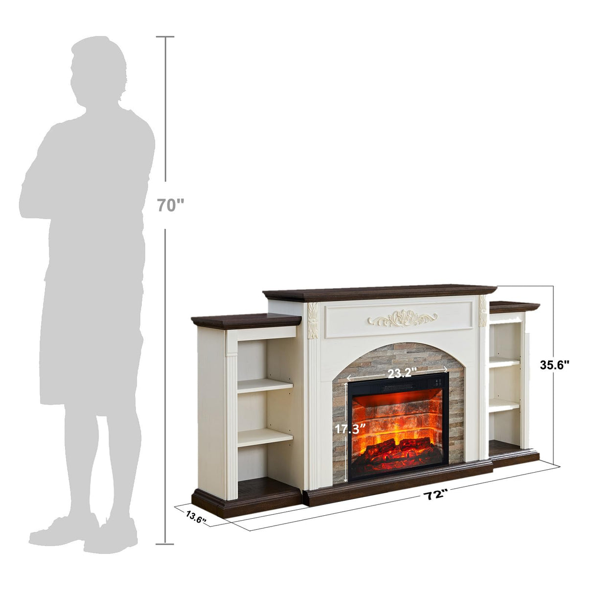 72" Electric Fireplace with Mantel, Farmhouse TV Stand for TVs Up to 80 Inch, White Entertainment Center with Storage for Bedroom,23'' Red Brick Fireplace Insert Heater with LED Flame for Living Room BOSHIRO