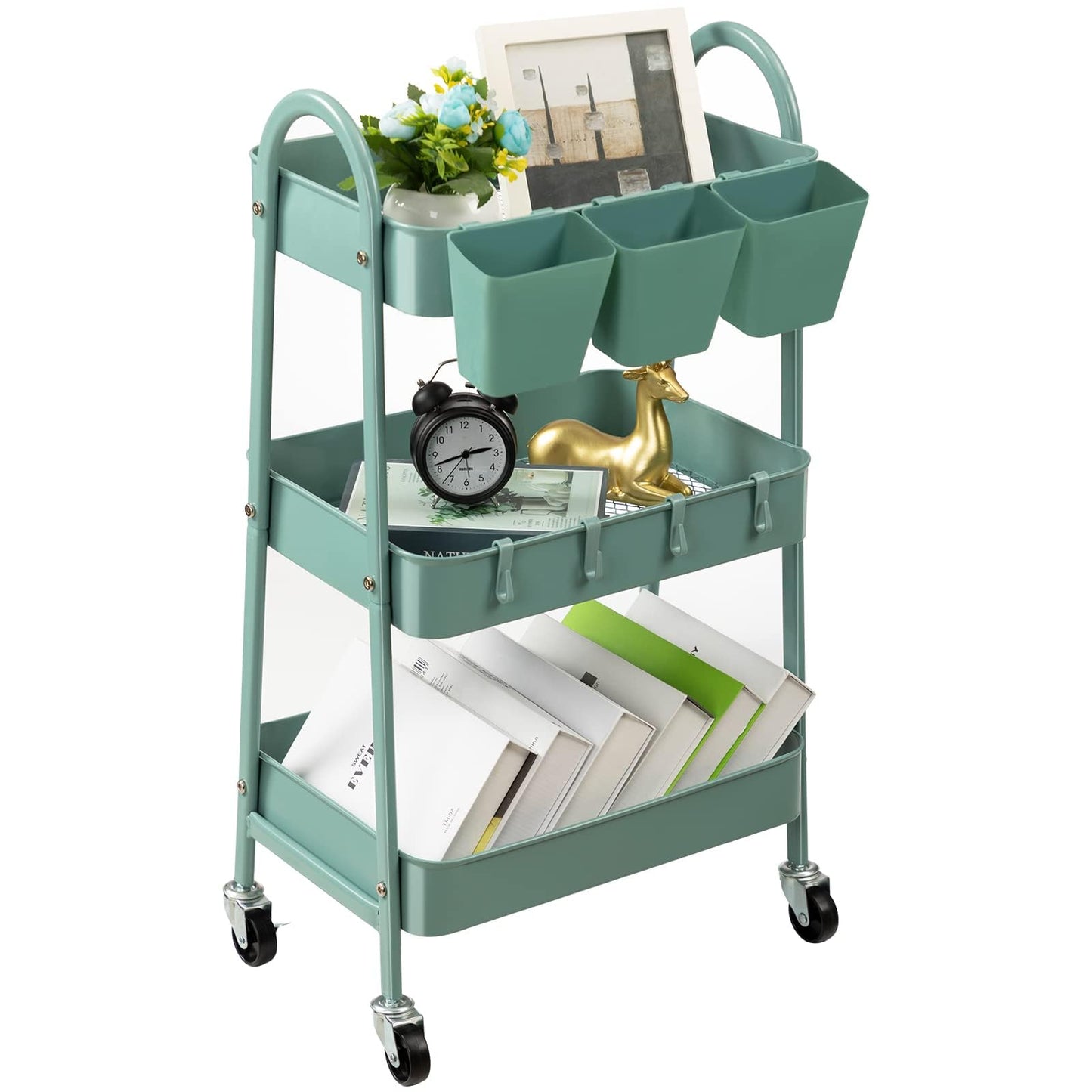 danpinera 3-Tier Rolling Cart, Metal Rolling Storage Cart with Lockable Wheels & Hanging Cups & Hooks, Mobile Trolley Cart for Kitchen, Bathroom, Office, Workshop, Green - WoodArtSupply