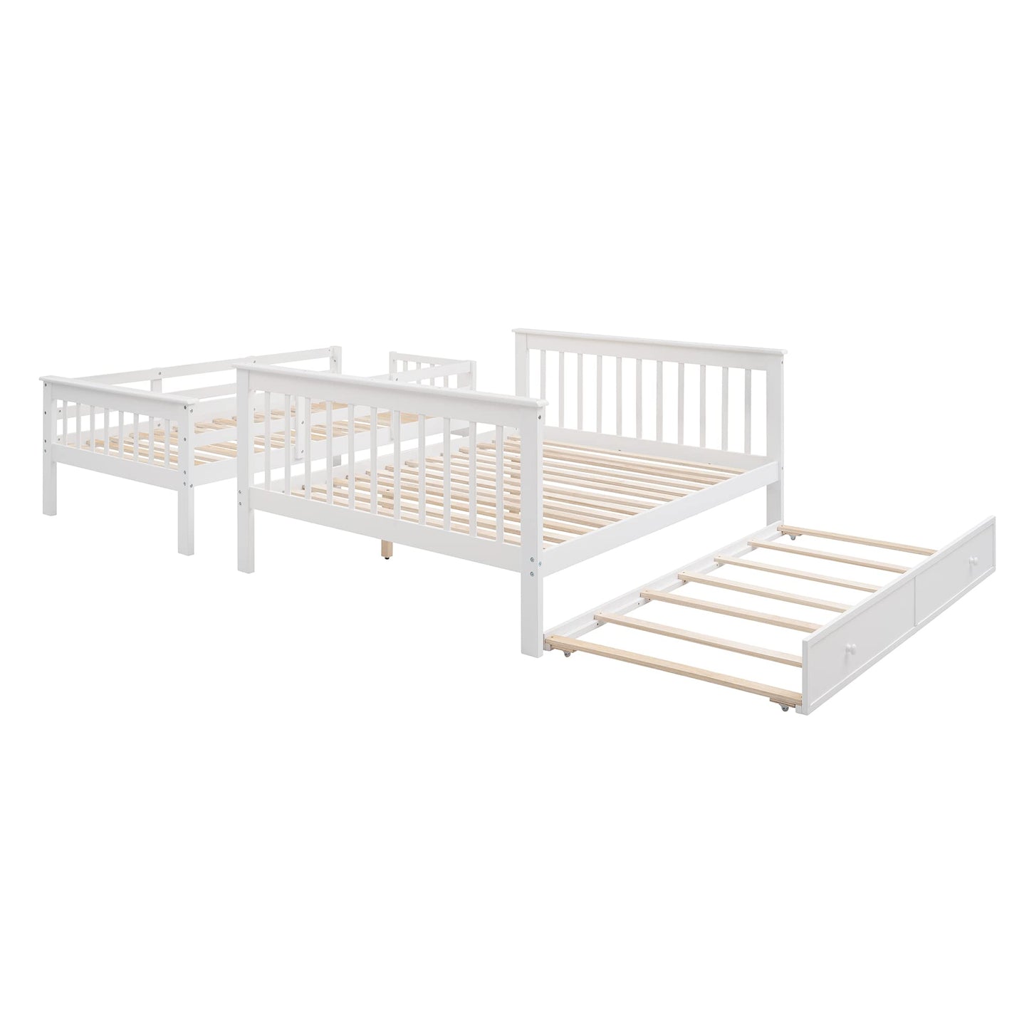 MERITLINE Twin Over Full Bunk Bed with Trundle, Wooden Bunk Bed with Stairway, Storage and Guard Rail for Kids, Adults (White)