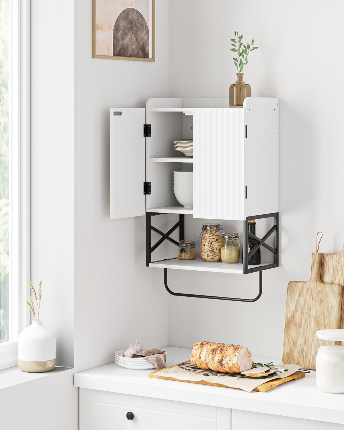 Masupu Fluted Bathroom Wall Cabinet, Small Hanging Bathroom Cabinet with Adjustable Shelf and Magnetic Latch Doors, Wood Wall Mounted Cabinets for Laundry, White Masupu