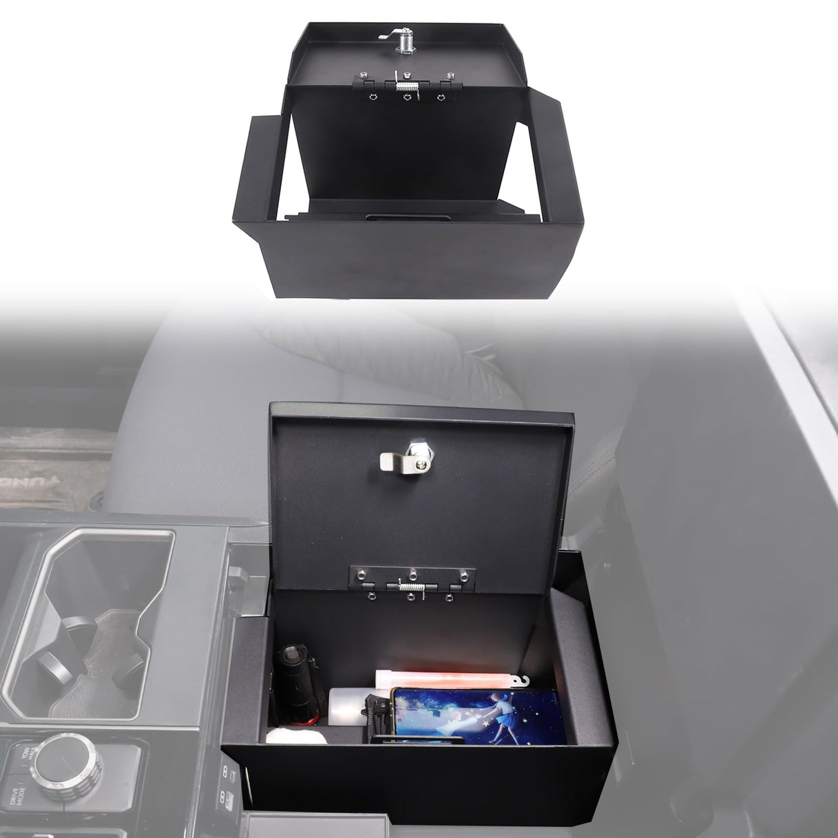 Car Center Console Safe Box Compatible with Toyot@ Tundra 2022-2025，Center Console Armrest Safe Lock Box Armrest Gun Security Organizer Tray with 3-Position Combination Lock and Key (black) HAPPYHORSE