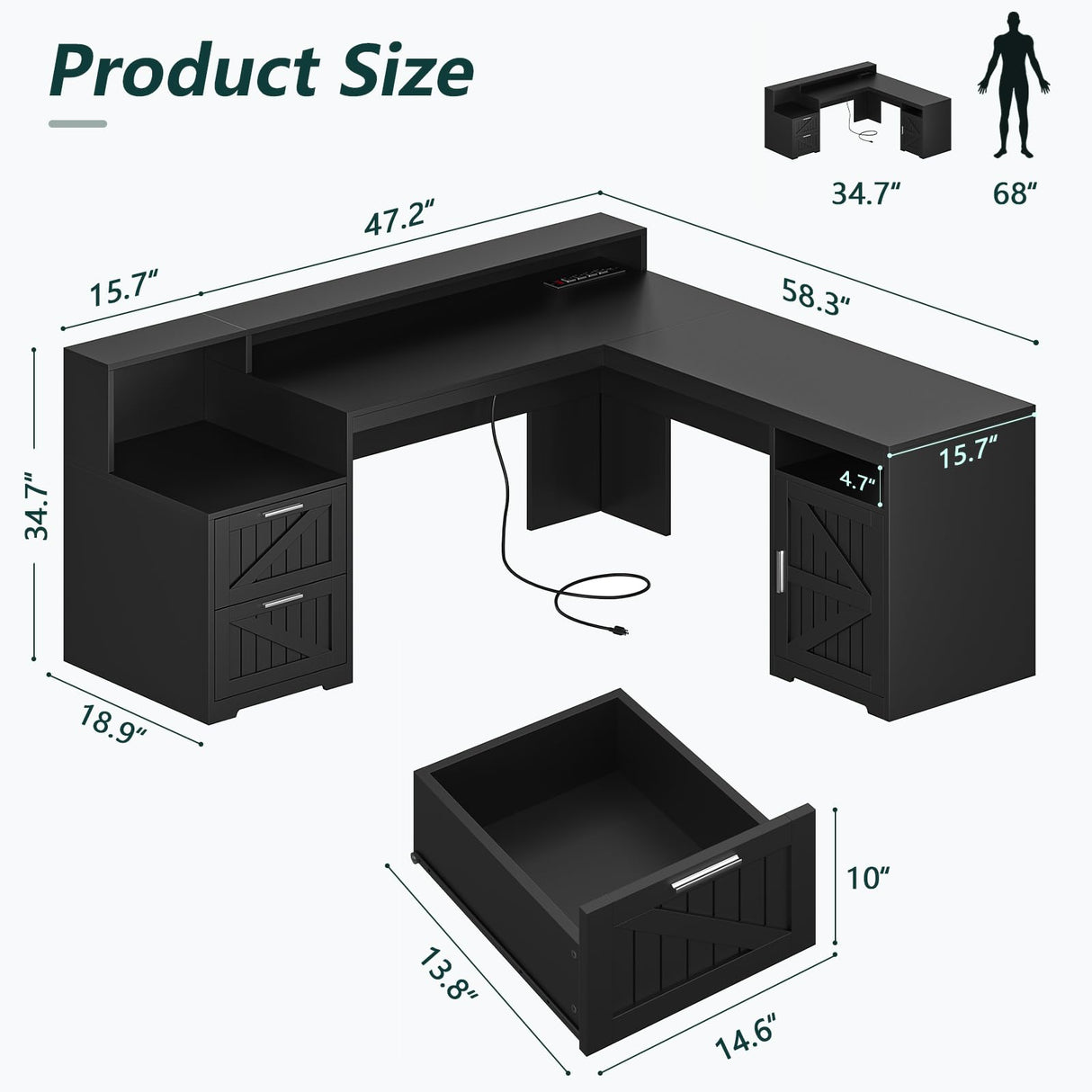 YOMILUVE 63" Farmhouse L Shaped Desk with Drawers & Storage Shelf, Corner Computer Desk with Power Outlets for Home Office, Executive Desk with Monitor Stand, Printer Shelf, Black YOMILUVE