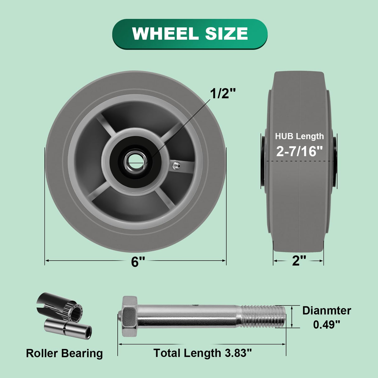 HANDSAMMU 6x2"Heavy Duty Caster Wheels -Industrial Caster Wheels,Rubber Wheels- Set of 4 with up to 2800 LB Capacity Handsammu