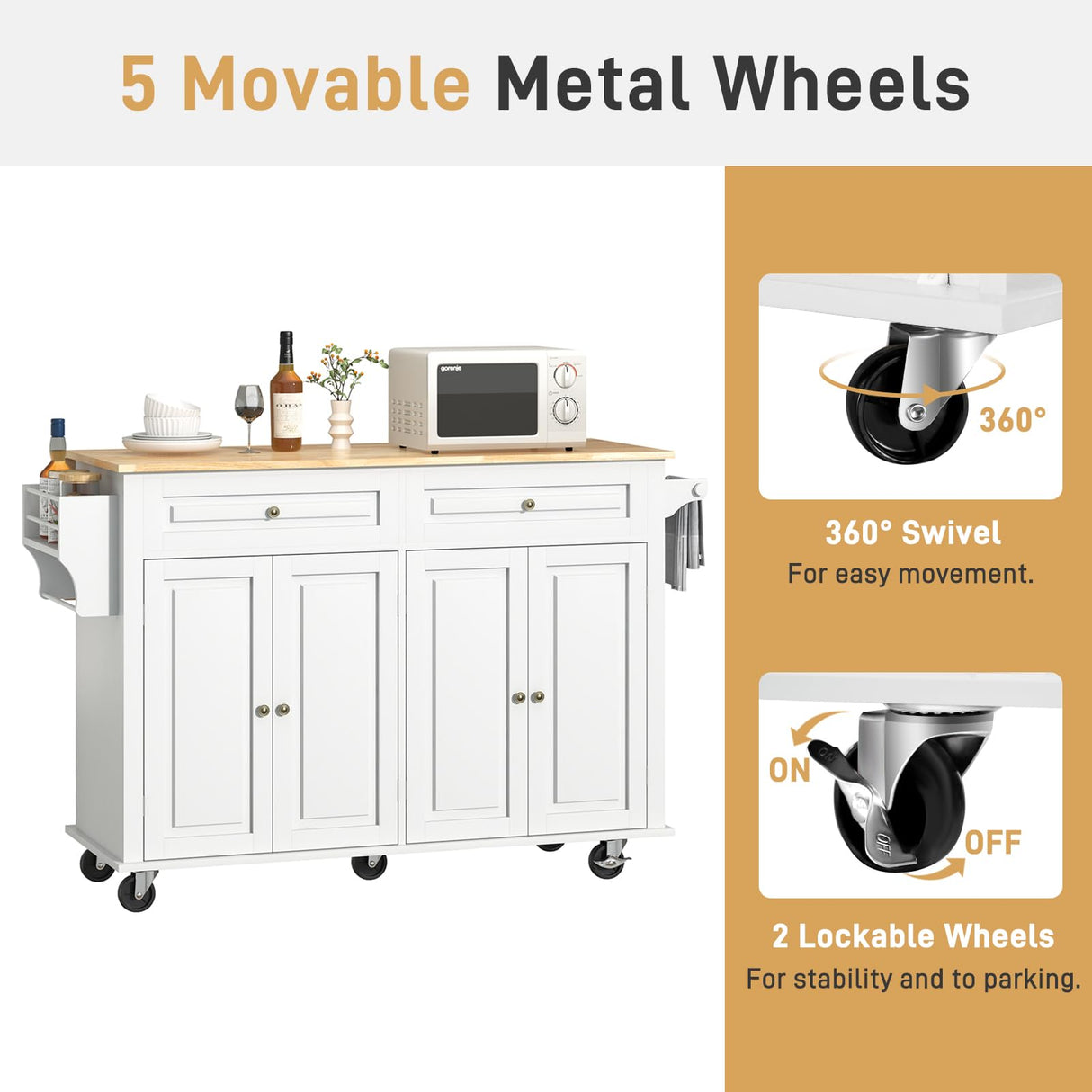 Hlivelood 55" Movable Kitchen Island with Drop Leaf and Power Outlet, Rolling Island Cart w/Storage Cabinet, Island Table on Wheels for Kitchen w/2 Drawers, Spice Rack, Towel Bar, Garage Hook, White Hlivelood