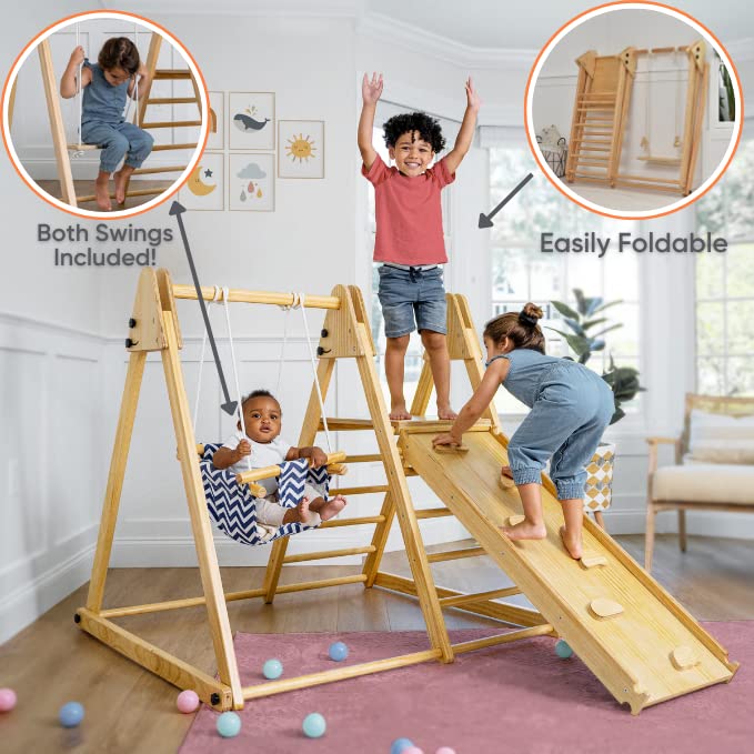 Avenlur 4-in-1 Juniper Indoor Play Gym - Jungle Gym Playset with Baby Swing, Slide, Ladder, and Climbing Wall - Foldable Wooden Playset - Indoor Jungle Gym for Kids Ages 18mo to 6yrs Avenlur