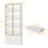 FUNISIR Curio Display Cabinet with Light, Storage Shelves with Pop-up Glass Doors, 2 Drawers & 3 Color Light, Collectibles Cabinet Display Shelf, Bookshelf Showcase for Living Room, White w/Drawer FUNISIR