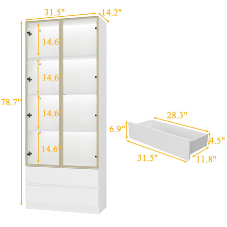 FUNISIR Curio Display Cabinet with Light, Storage Shelves with Pop-up Glass Doors, 2 Drawers & 3 Color Light, Collectibles Cabinet Display Shelf, Bookshelf Showcase for Living Room, White w/Drawer FUNISIR